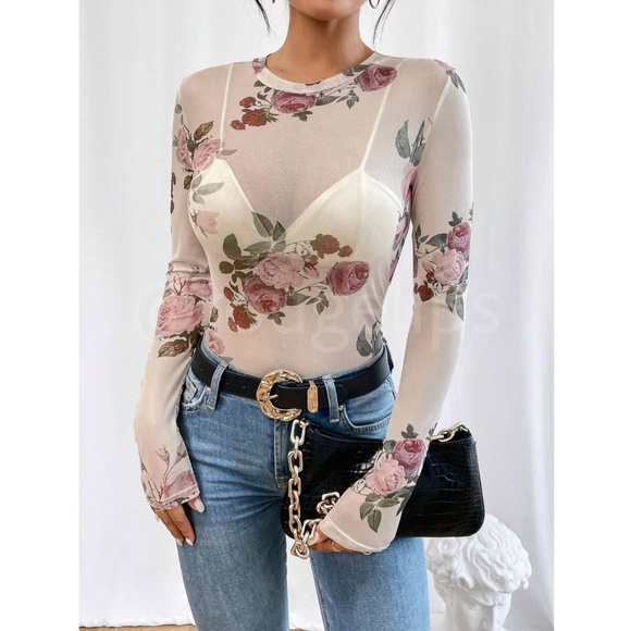 White Floral Print Mesh Sheer Shirt Top Long Sleeve See-Through, Transparent - Picture 6 of 7